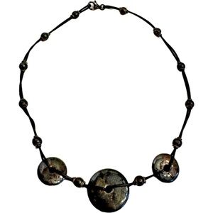 Sterling Silver Round Puffer Circle Discs Leather Cord Necklace Made in Italy